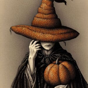 Image of a Halloween Witch with Pumpkins