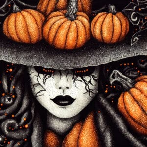 Image of a Halloween Witch with Pumpkins